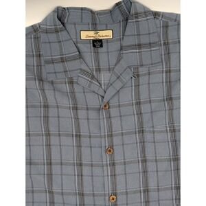 Tommy Bahama Men's size Large 100% Silk Blue Plaid Shirt Summer Cruise Vacation‎